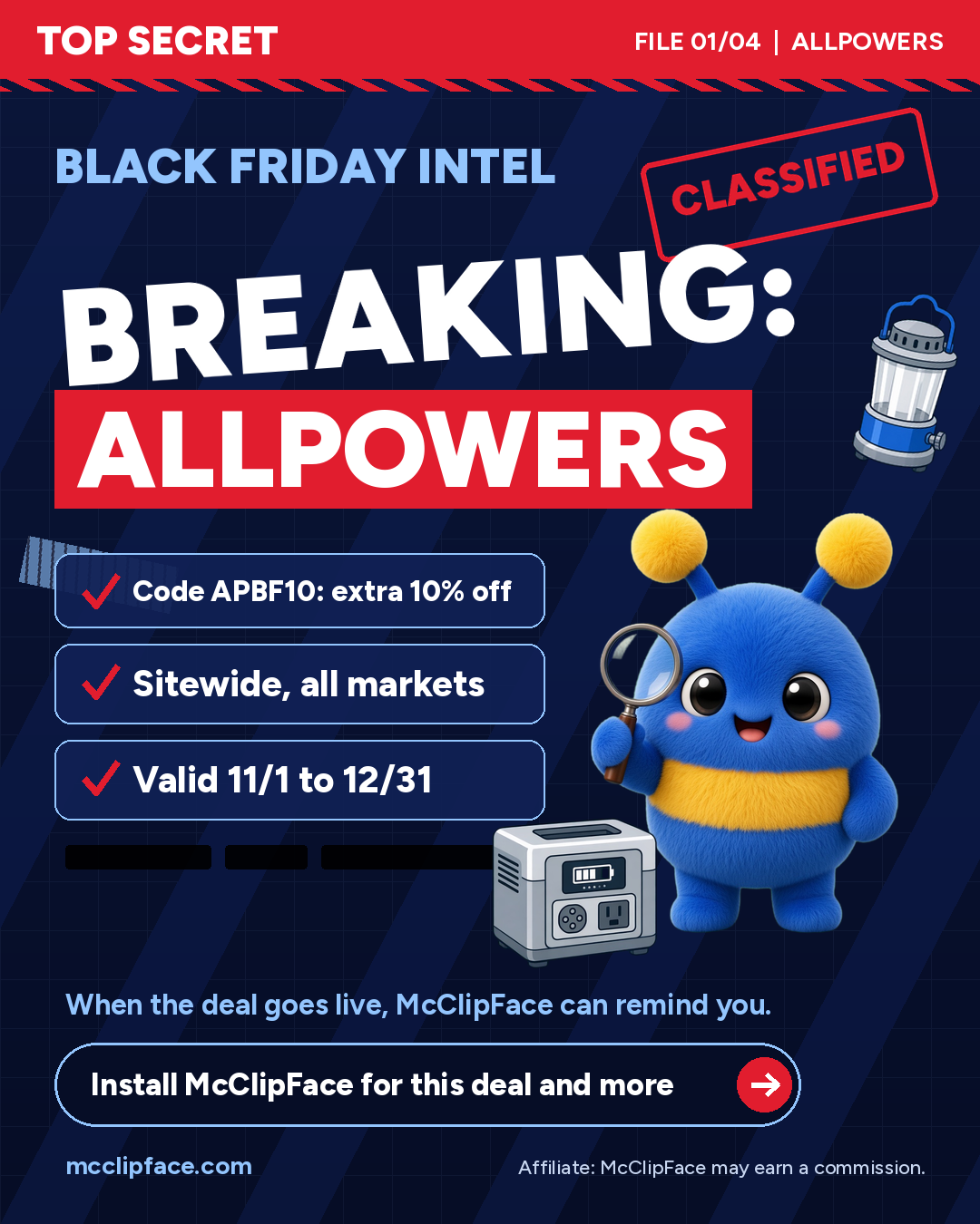 Black Friday Intel: ALLPOWERS. Code APBF10, extra 10% off sitewide, all markets, valid 11/1 to 12/31.