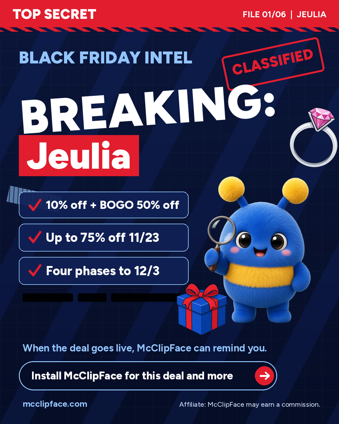 Black Friday Intel: Breaking, Jeulia. 10% off plus BOGO 50% off, up to 75% off 11/23, four phases to 12/3.