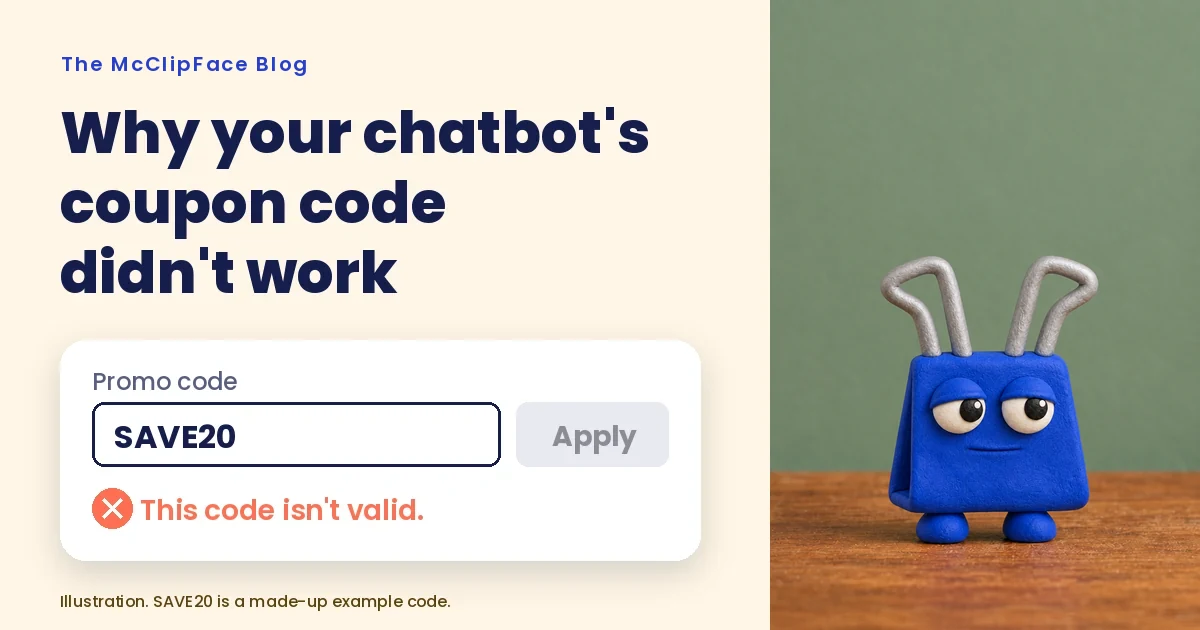 McClipFace, a cobalt-blue clay binder clip, giving side-eye next to a promo code box that holds the made-up code SAVE20 and the error message: This code isn't valid.