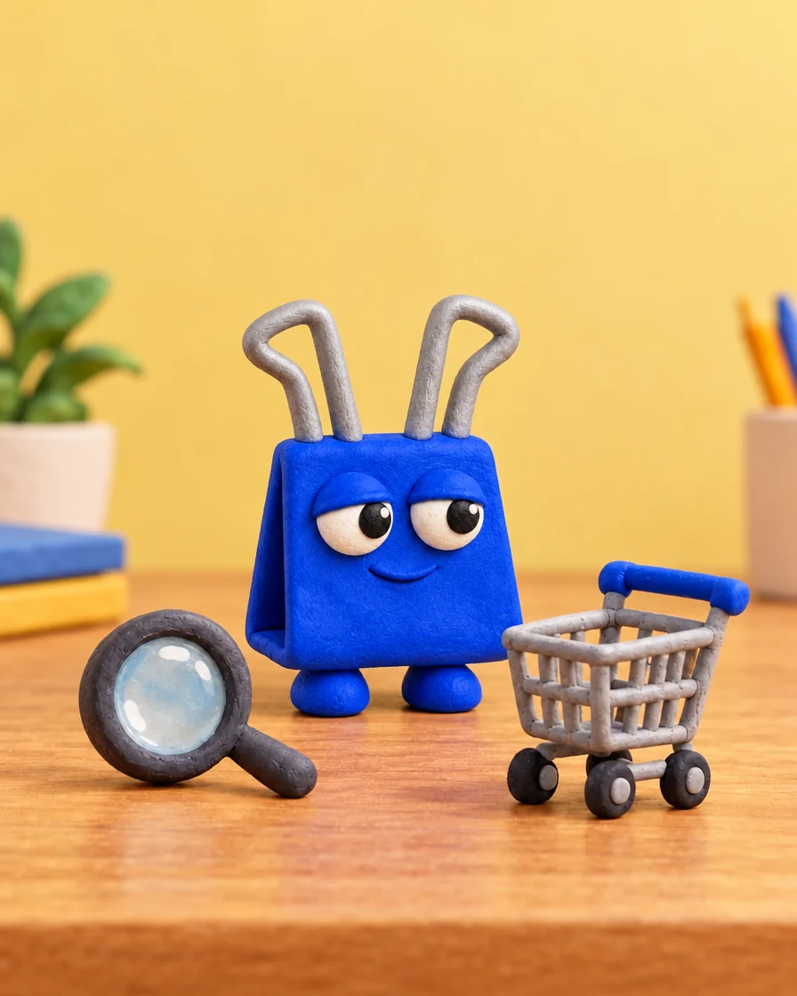 McClipFace, a cobalt-blue clay binder clip with sleepy, half-lidded eyes, stands on a desk between a small magnifying glass and a tiny shopping cart