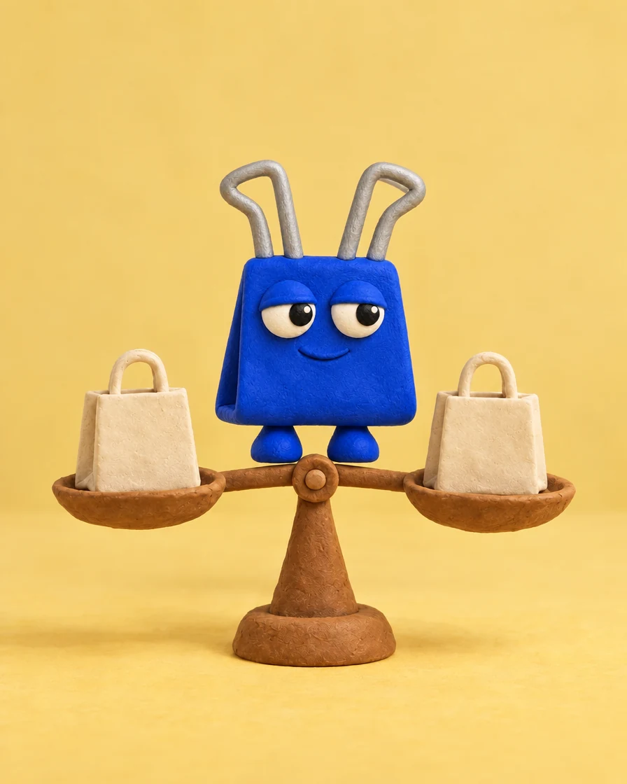 McClipFace, a cobalt-blue clay binder clip, stands behind a clay balance scale holding two identical shopping bags.