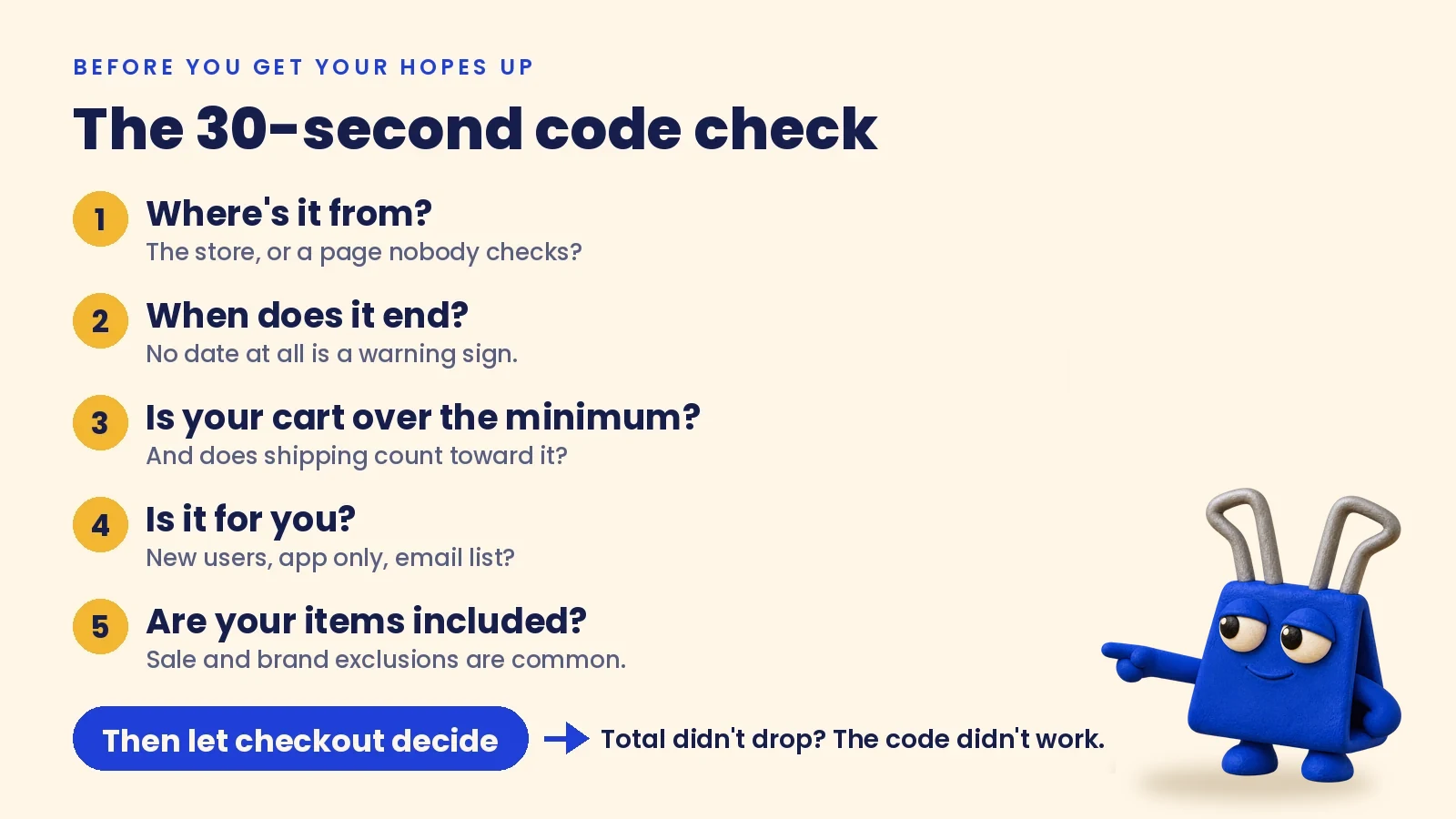 A 30-second code check in five steps: read the error, check the minimum, check who it's for, check the items, check the dates. Then let checkout decide.