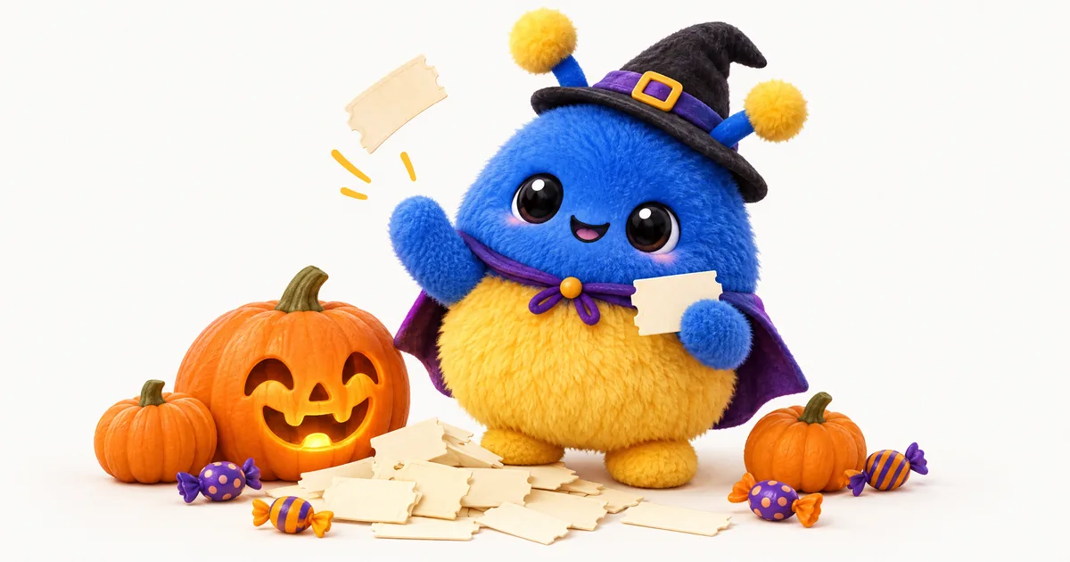 McClipFace, the fuzzy cobalt-blue and golden-yellow mascot with yellow pom-pom antennae, wears a little witch hat and purple cape and tosses blank coupon tickets out of a pile, next to a grinning jack-o'-lantern, small pumpkins and wrapped candy.