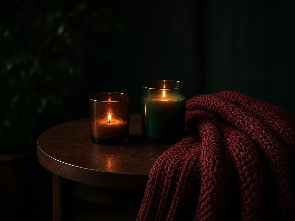 Two lit candles in amber and dark green glass on a round walnut side table, with a chunky oxblood knit throw draped beside them