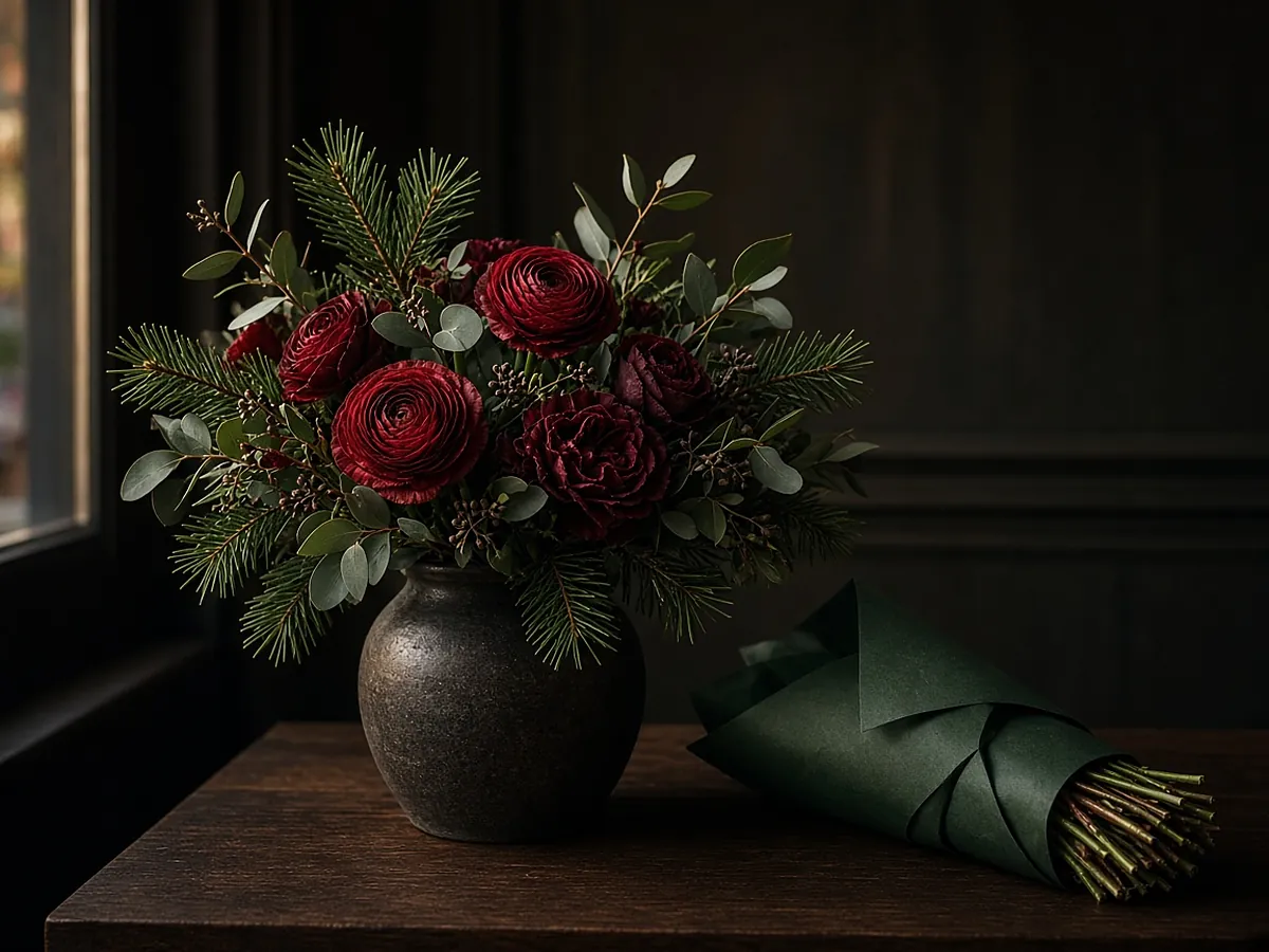 A winter bouquet of deep red ranunculus, roses, eucalyptus and pine in a dark stoneware vase, with wrapped stems in green paper beside it