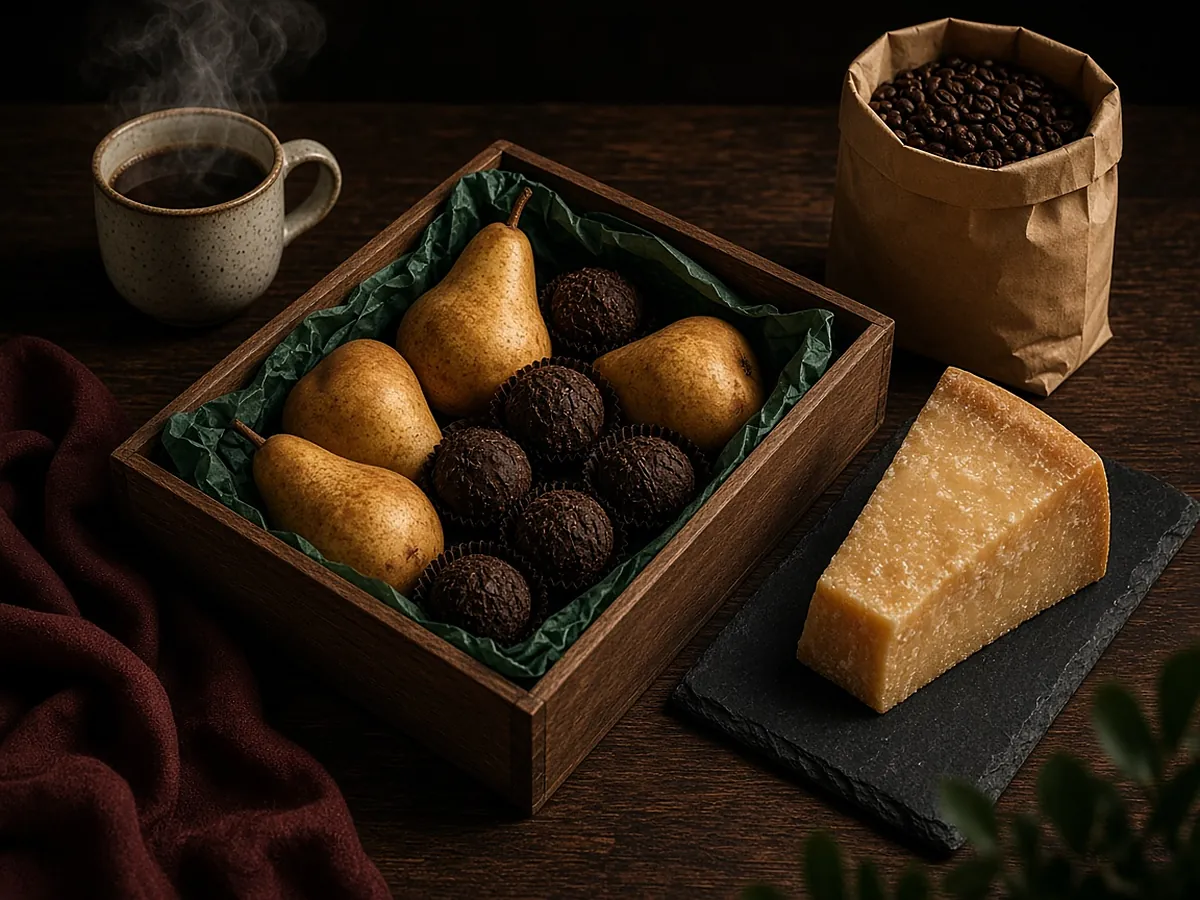 A wooden crate of pears and dark chocolate truffles on green tissue, a wedge of aged cheese on slate and a kraft bag of coffee beans, in low warm light