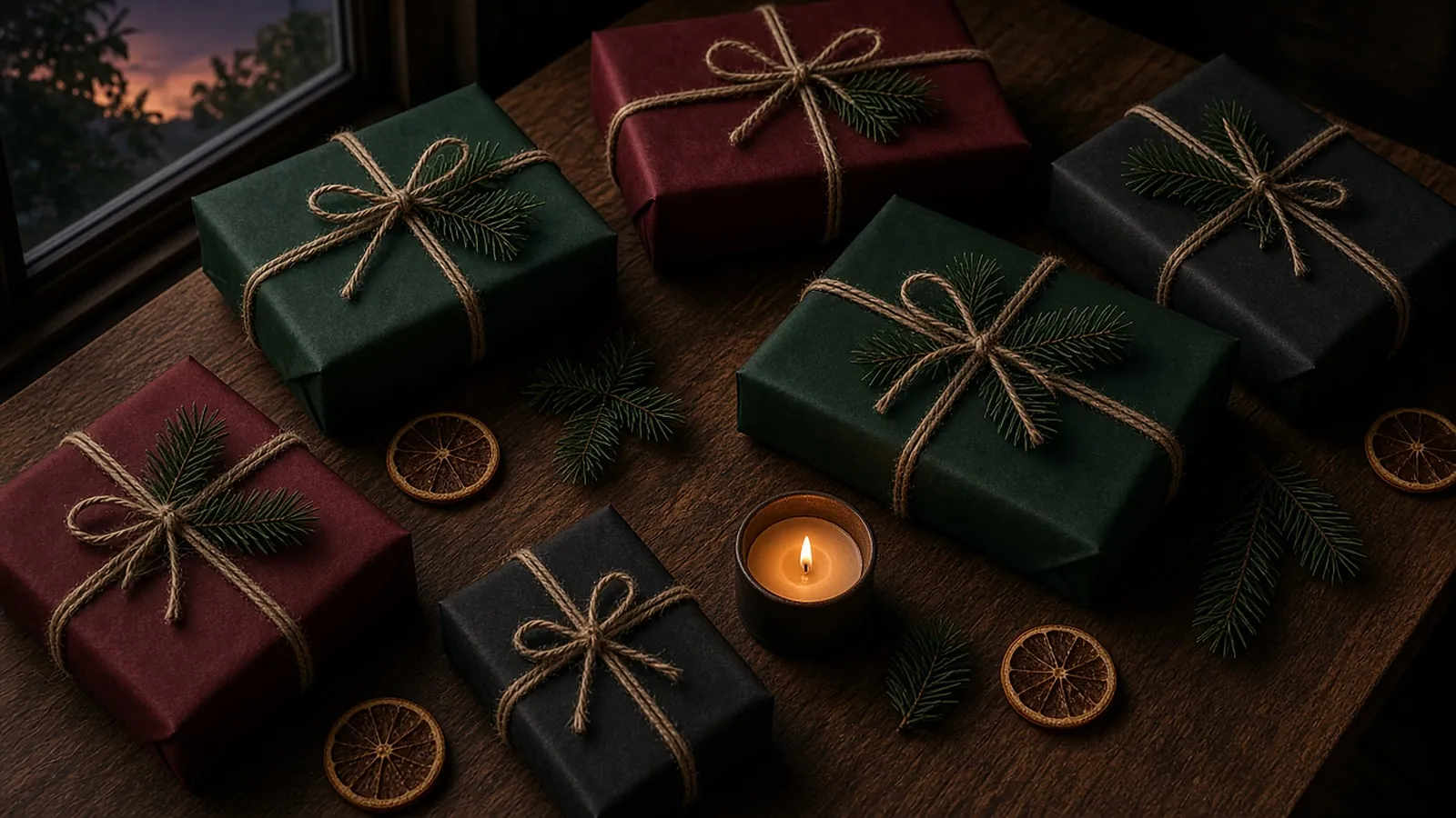 Gifts wrapped in forest green, oxblood and charcoal paper, tied with twine and pine sprigs, on a dark walnut table at dusk beside a lit candle and dried orange slices