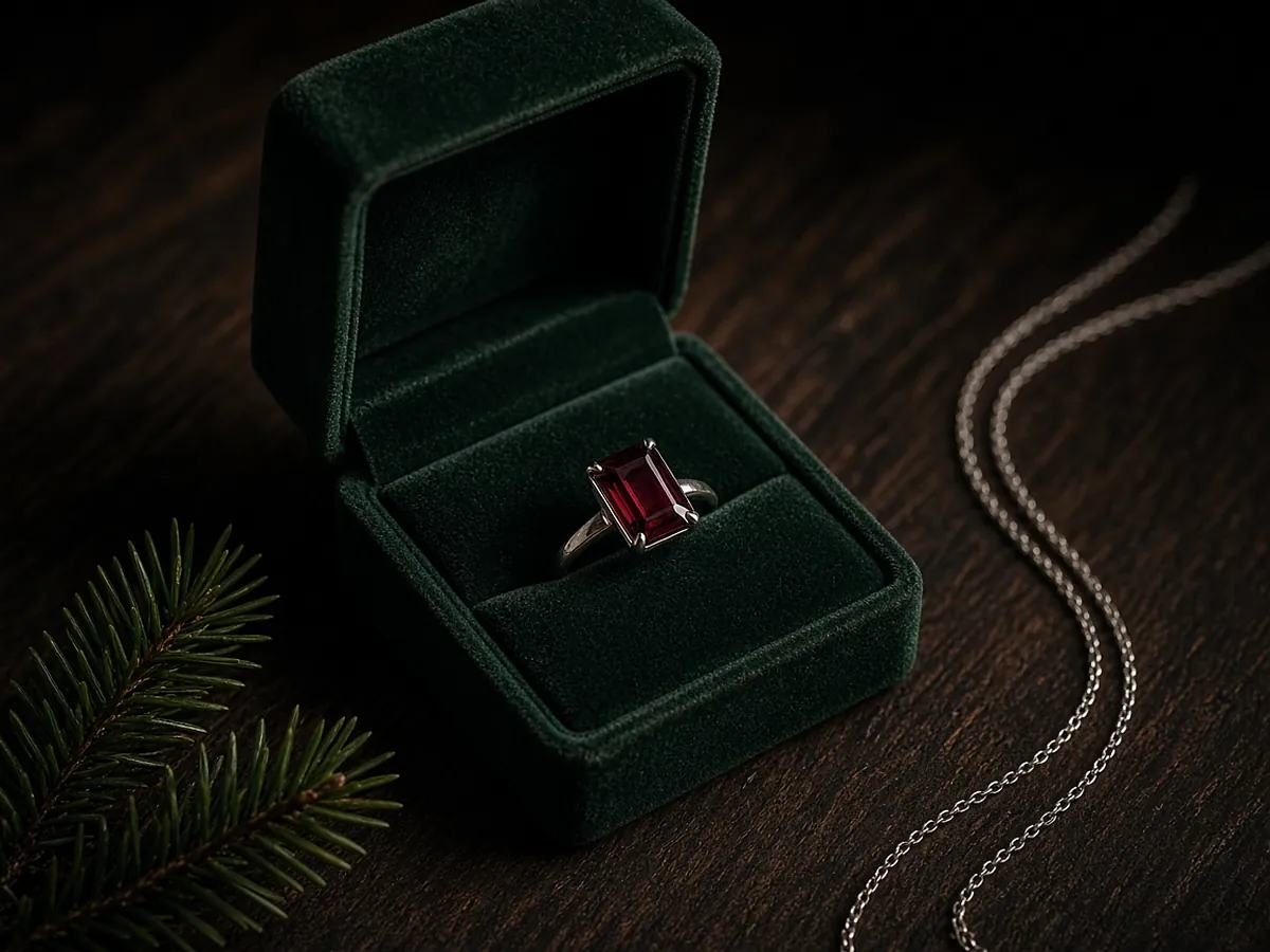 A silver ring with a deep red stone in an open dark green velvet box, a fine silver chain and a pine sprig on dark wood
