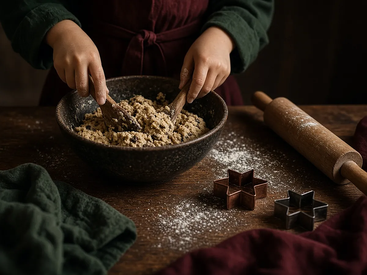 A child's hands stirring cookie dough in a dark ceramic bowl, with a rolling pin and star cookie cutters on a floured walnut table