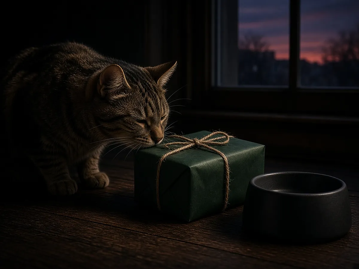 A tabby cat sniffing a green wrapped gift tied with twine next to a charcoal pet bowl, on a dark wood floor by a window at dusk