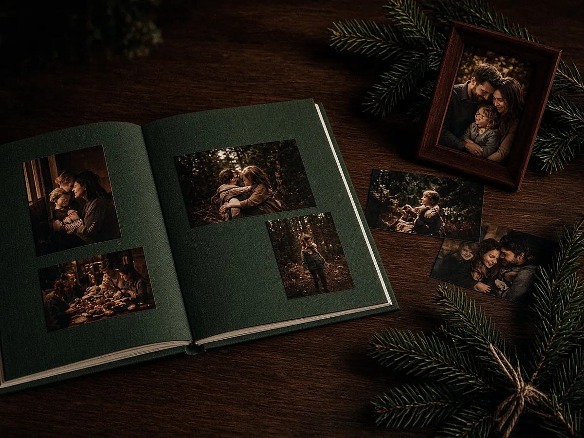An open green linen photo book with warm family snapshots, loose prints and a small framed photo among pine sprigs on a dark table