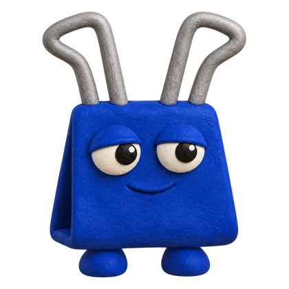 McClipFace, a cobalt-blue clay binder clip with silver handles and sleepy, half-lidded eyes