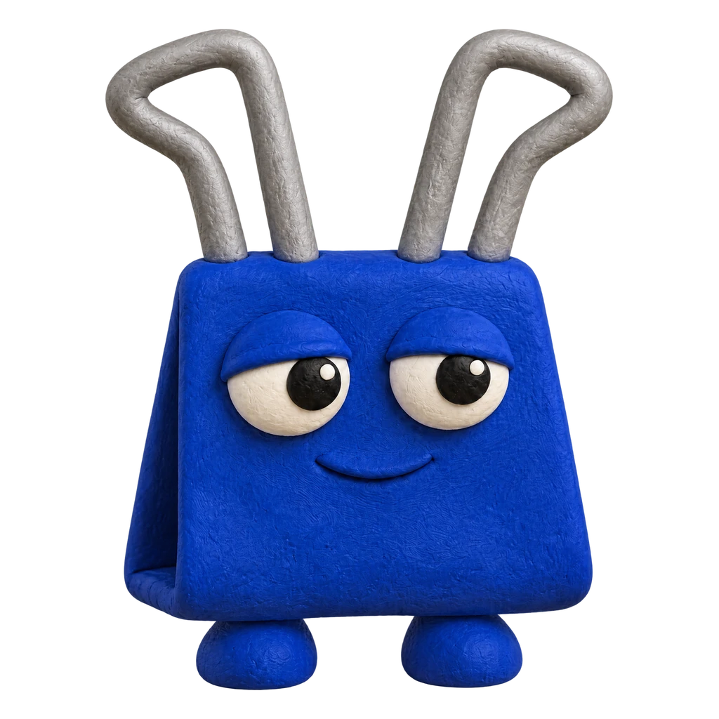 A chunky cobalt clay paperclip with curious eyes