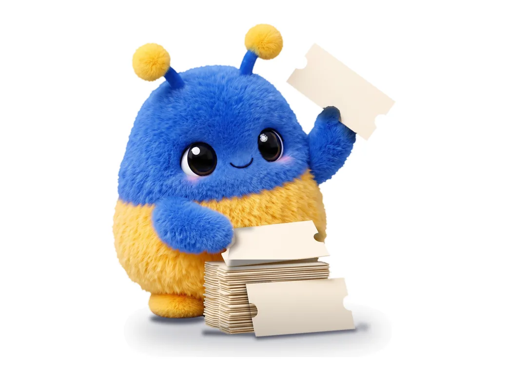 McClipFace, the fuzzy blue and gold mascot, digging through a pile of coupon tickets and holding one up like a find
