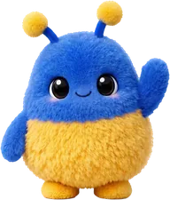McClipFace, a fuzzy blue and yellow creature, waving.