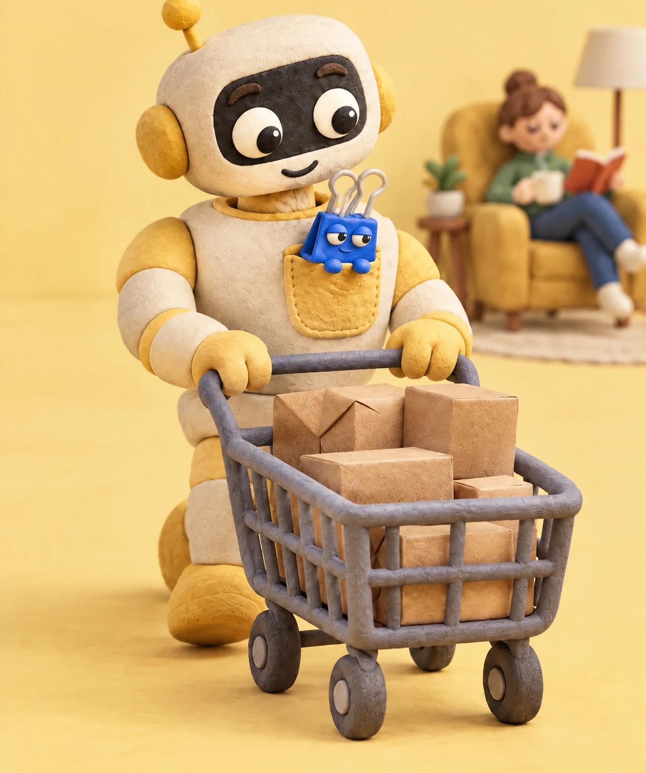 A cream-and-mustard clay robot pushes a shopping cart, with McClipFace, a cobalt-blue clay binder clip, riding in its pocket