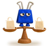 McClipFace, a blue clay binder clip, standing on a level clay balance scale with a matching shopping bag on each side.