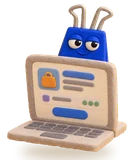 McClipFace, a blue clay binder clip, peeking over the top of a clay laptop with a simple chat on its screen.