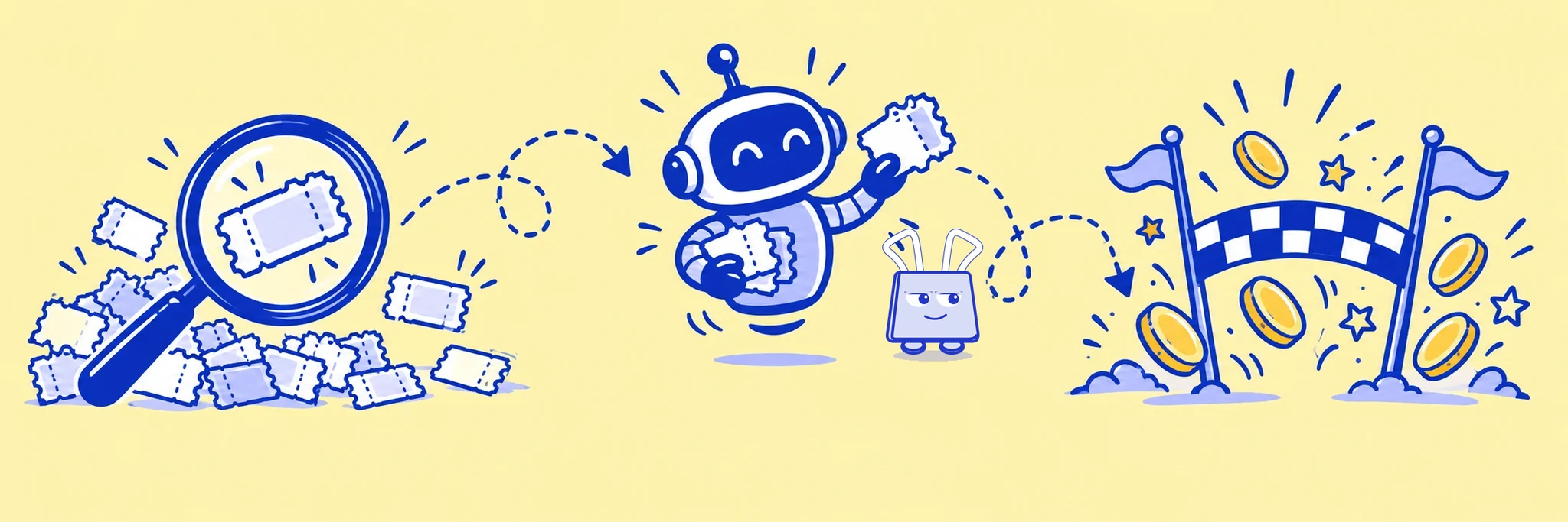 Coupons found with a magnifying glass travel along looping dotted paths to a shopping robot, then to a savings finish line.